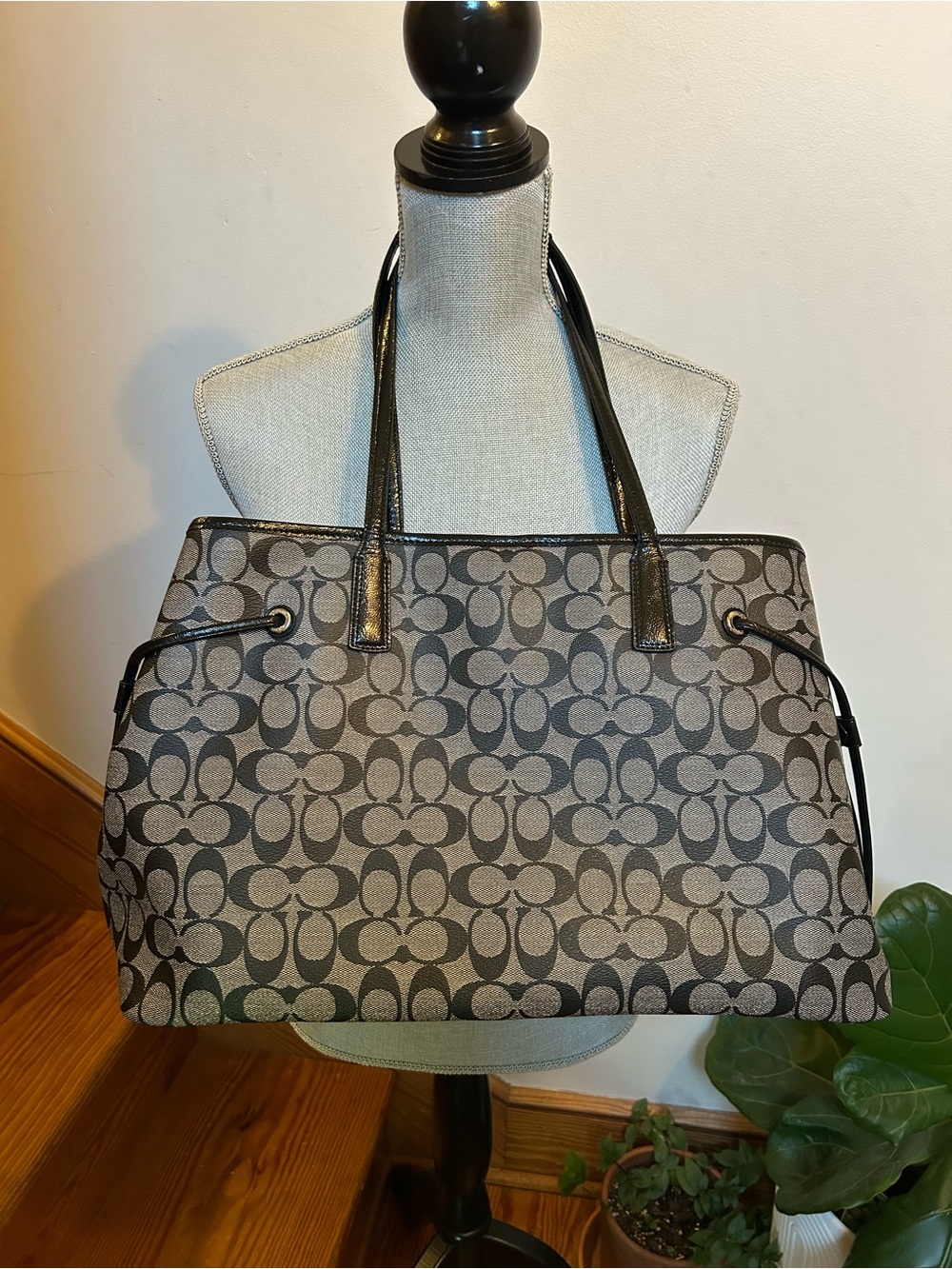 Coach Signature Large Tote in Gray with Black and Cream Stripe - Picture 2 of 9
